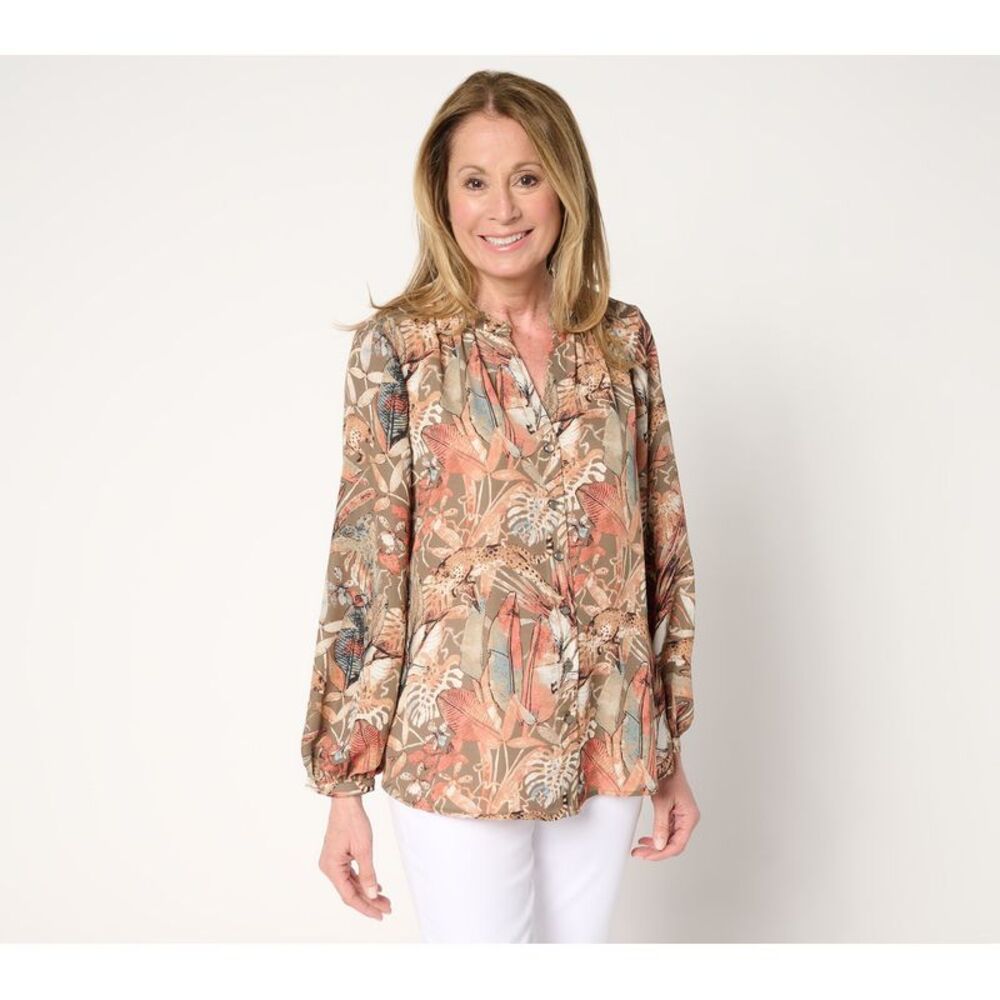 Martha Stewart Women's Top Sz M Signature Woven Split V-Neck Button Brown